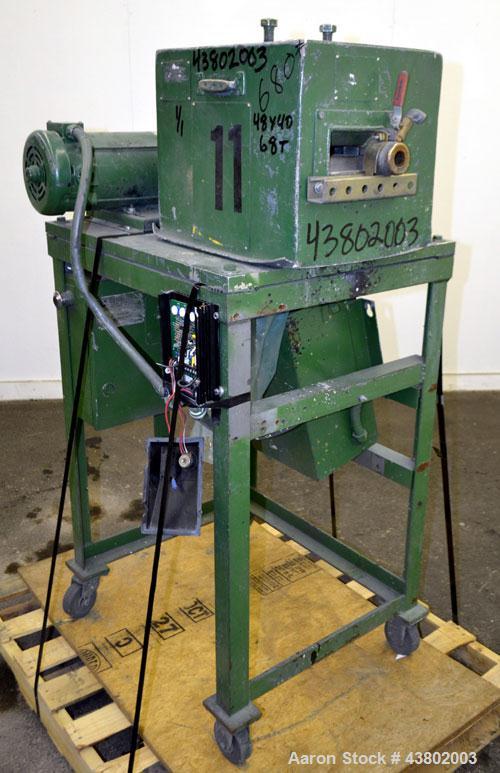 Used Cumberland Size 4 Pelletizer.  4” Wide x 8” diameter 16 bolt-on blade rotor, (1) rubber, (1) metal pull roll.  Driven by a 2 hp, 180 volt, 1750 rpm DC motor.  Unit mounted on a frame with caster...