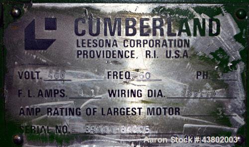 Used Cumberland Size 4 Pelletizer.  4” Wide x 8” diameter 16 bolt-on blade rotor, (1) rubber, (1) metal pull roll.  Driven by a 2 hp, 180 volt, 1750 rpm DC motor.  Unit mounted on a frame with caster...