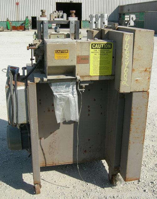 Used Cumberland 6 Pelletizer. 6 5/8" wide 16 bolt on blade rotor, (1) rubber, (1) metal manually adjustable pull roll.  Driven by a 5 hp, 3/60/230/460 volt, 1750 rpm varispeed motor, ratio 1.82 to 1,...