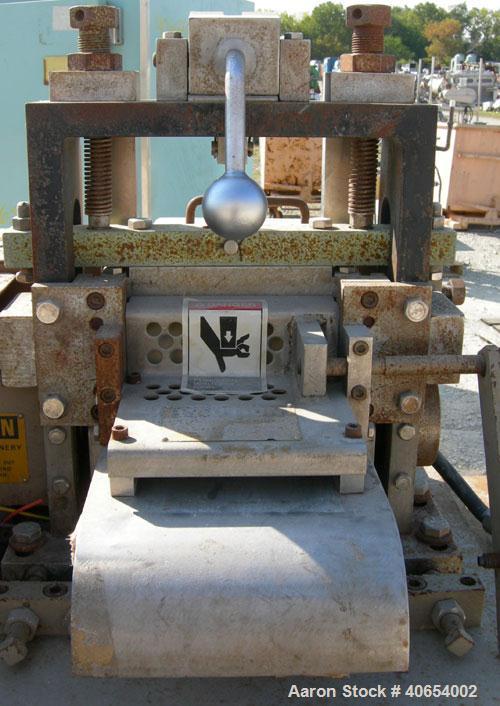 Used Cumberland 6 Pelletizer. 6 5/8" wide 16 bolt on blade rotor, (1) rubber, (1) metal manually adjustable pull roll.  Driven by a 5 hp, 3/60/230/460 volt, 1750 rpm varispeed motor, ratio 1.82 to 1,...