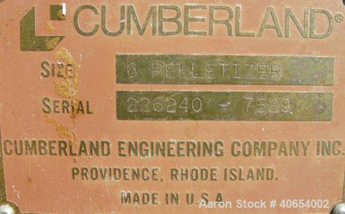 Used Cumberland 6 Pelletizer. 6 5/8" wide 16 bolt on blade rotor, (1) rubber, (1) metal manually adjustable pull roll.  Driven by a 5 hp, 3/60/230/460 volt, 1750 rpm varispeed motor, ratio 1.82 to 1,...