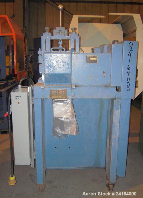 Used Cumberland Size 6 Pelletizer. 6-1/2" wide x 8" diameter (8) bolt on blade rotor, (1) rubber, (1) metal manually adjustable pull roll. Driven by a 5 hp, 3/60/208-220/440 volt, 1800 rpm varispeed ...
