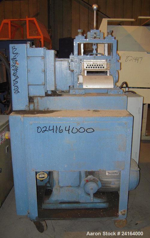 Used Cumberland Size 6 Pelletizer. 6-1/2" wide x 8" diameter (8) bolt on blade rotor, (1) rubber, (1) metal manually adjustable pull roll. Driven by a 5 hp, 3/60/208-220/440 volt, 1800 rpm varispeed ...