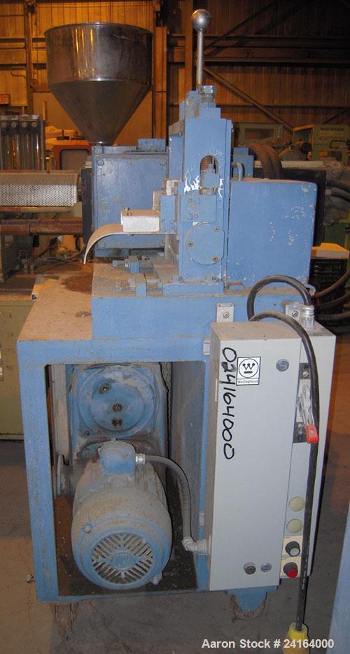 Used Cumberland Size 6 Pelletizer. 6-1/2" wide x 8" diameter (8) bolt on blade rotor, (1) rubber, (1) metal manually adjustable pull roll. Driven by a 5 hp, 3/60/208-220/440 volt, 1800 rpm varispeed ...