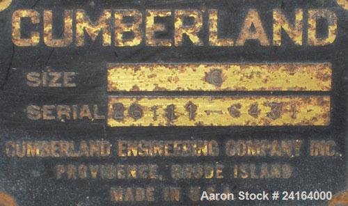 Used Cumberland Size 6 Pelletizer. 6-1/2" wide x 8" diameter (8) bolt on blade rotor, (1) rubber, (1) metal manually adjustable pull roll. Driven by a 5 hp, 3/60/208-220/440 volt, 1800 rpm varispeed ...