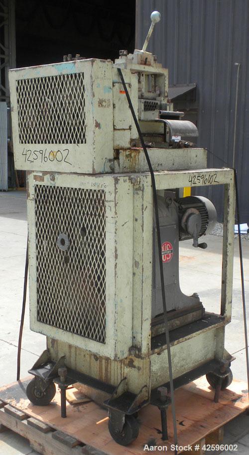 Used Cumberland Pelletizer, Size 6. Approximate 6" diameter x 6-1/2" wide 8 bolt- on blade rotor. Approximate 4" diameter pull roll. Driven by an approximate 5 hp varispeed motor. Mounted on casters.