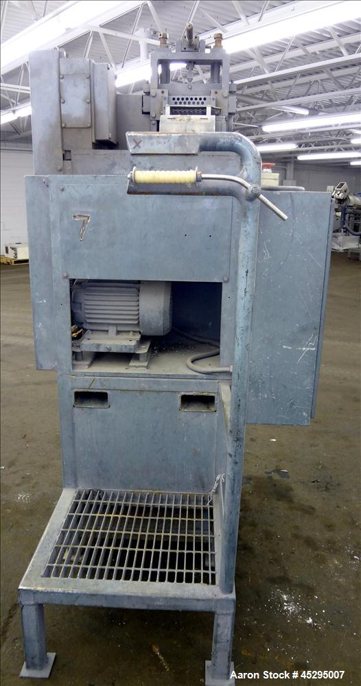 Used Cumberland Size 6 Pelletizer. Approximately 6-3/4" wide x 12" diameter (8) bolt on blade rotor; (1) rubber, (1) metal manually adjustable pull roll. Driven by a 5 hp, 3/60/208-230/460 volt, 1740...