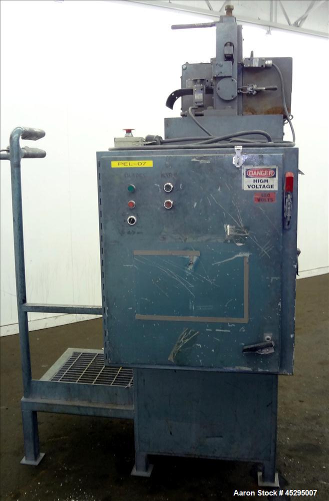 Used Cumberland Size 6 Pelletizer. Approximately 6-3/4" wide x 12" diameter (8) bolt on blade rotor; (1) rubber, (1) metal manually adjustable pull roll. Driven by a 5 hp, 3/60/208-230/460 volt, 1740...