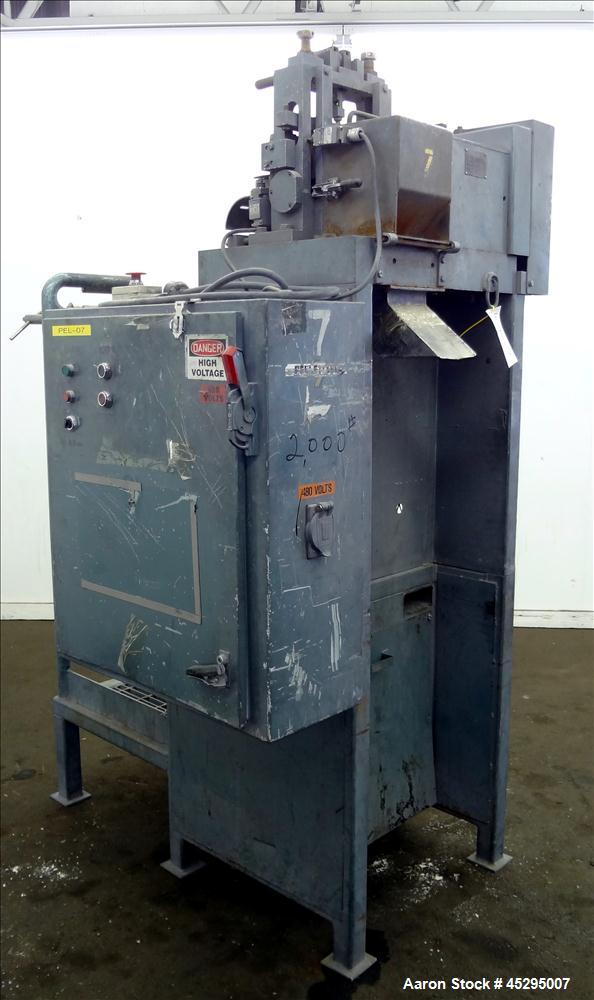 Used Cumberland Size 6 Pelletizer. Approximately 6-3/4" wide x 12" diameter (8) bolt on blade rotor; (1) rubber, (1) metal manually adjustable pull roll. Driven by a 5 hp, 3/60/208-230/460 volt, 1740...