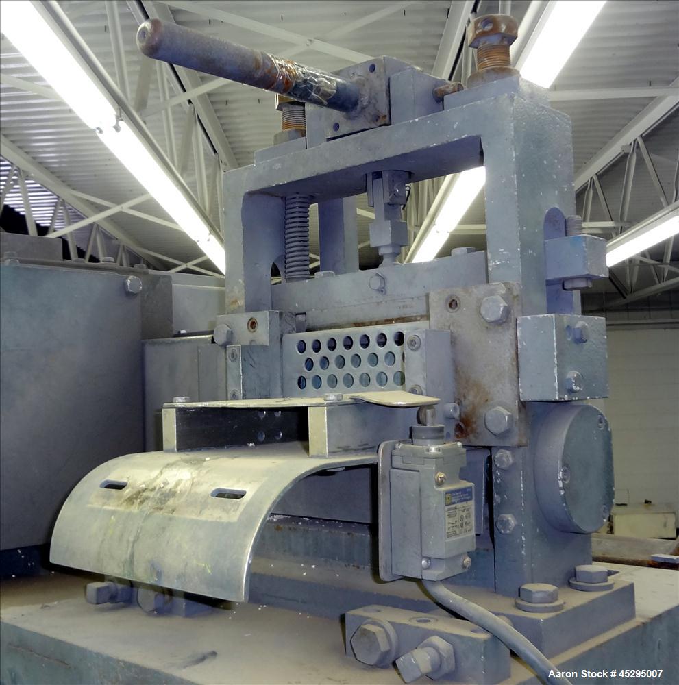 Used Cumberland Size 6 Pelletizer. Approximately 6-3/4" wide x 12" diameter (8) bolt on blade rotor; (1) rubber, (1) metal manually adjustable pull roll. Driven by a 5 hp, 3/60/208-230/460 volt, 1740...