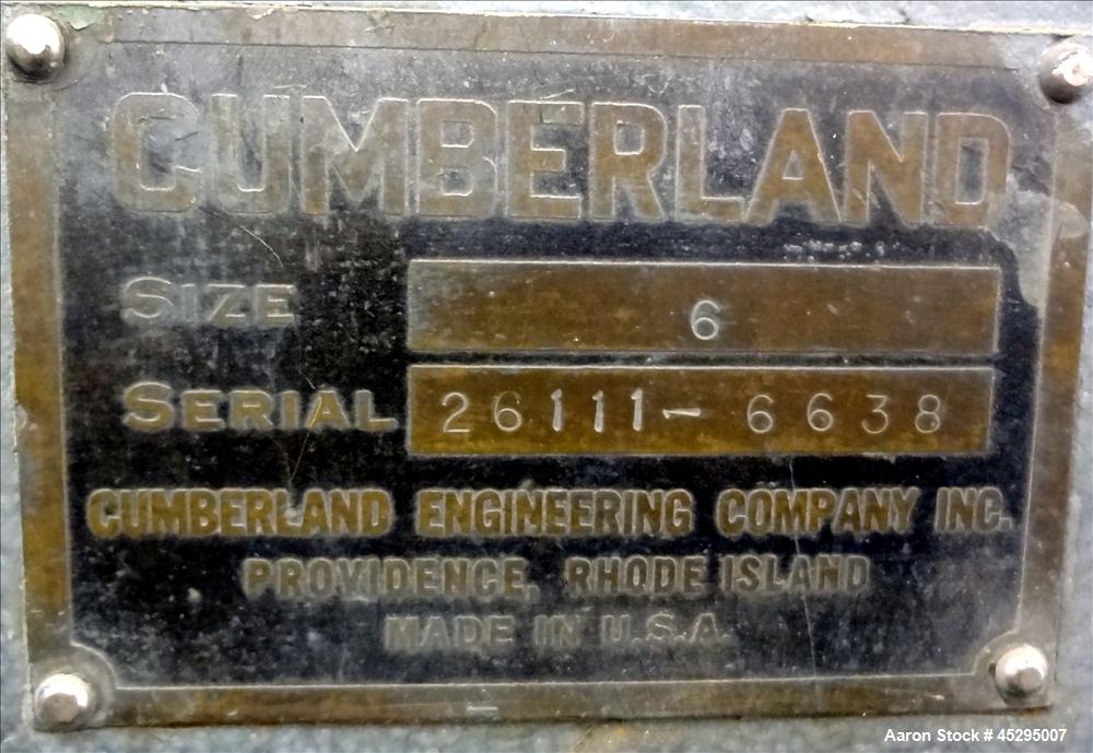 Used Cumberland Size 6 Pelletizer. Approximately 6-3/4" wide x 12" diameter (8) bolt on blade rotor; (1) rubber, (1) metal manually adjustable pull roll. Driven by a 5 hp, 3/60/208-230/460 volt, 1740...
