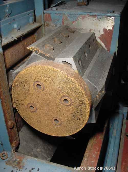 USED: Cumberland size 6 pelletizer. 8" diameter x 6" wide 4 bolt on knife rotor. 2 manually adjustable metal pull rolls. Bottom discharge. Both driven by a 5 hp, 3/60/220/440 volt, 1750 rpm varispeed...