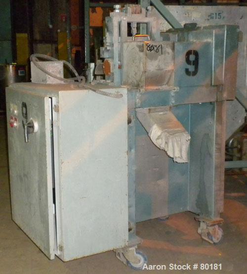 Used Cumberland Size 6 Pelletizer. 6-1/2" wide x 8" diameter 16 bolt on blade rotor, (1) rubber, pull rolls. Driven by a 7.5 hp, 500 volt, 1750/2300 rpm DC motor. Includes a control panel with a Euro...