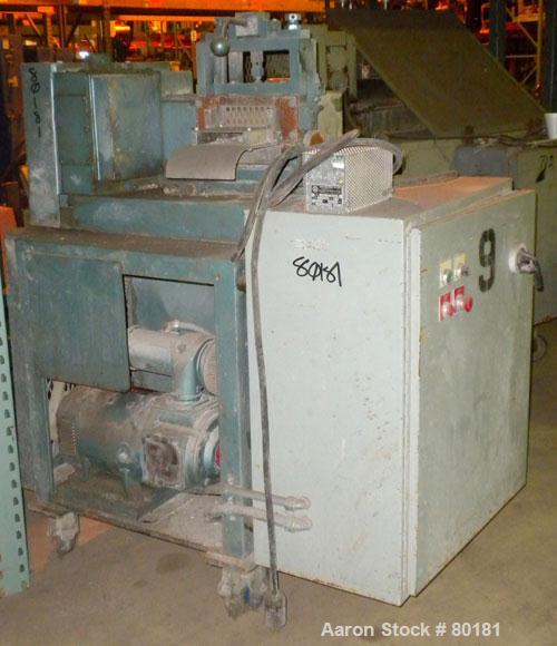Used Cumberland Size 6 Pelletizer. 6-1/2" wide x 8" diameter 16 bolt on blade rotor, (1) rubber, pull rolls. Driven by a 7.5 hp, 500 volt, 1750/2300 rpm DC motor. Includes a control panel with a Euro...
