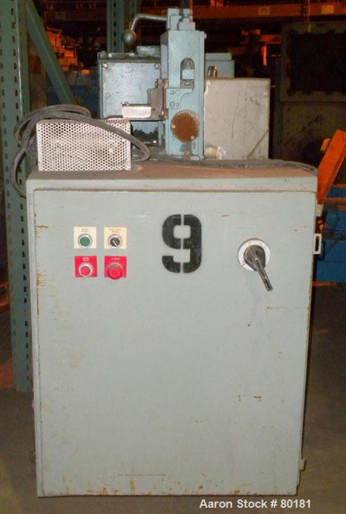 Used Cumberland Size 6 Pelletizer. 6-1/2" wide x 8" diameter 16 bolt on blade rotor, (1) rubber, pull rolls. Driven by a 7.5 hp, 500 volt, 1750/2300 rpm DC motor. Includes a control panel with a Euro...