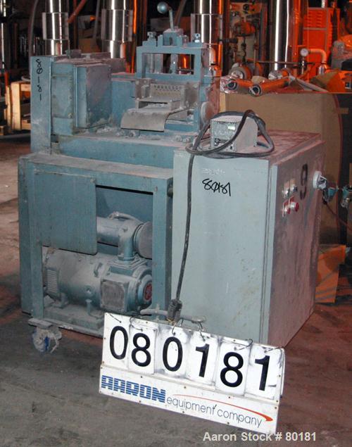 Used Cumberland Size 6 Pelletizer. 6-1/2" wide x 8" diameter 16 bolt on blade rotor, (1) rubber, pull rolls. Driven by a 7.5 hp, 500 volt, 1750/2300 rpm DC motor. Includes a control panel with a Euro...