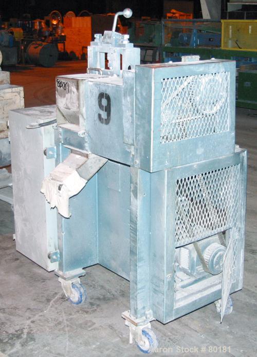 Used Cumberland Size 6 Pelletizer. 6-1/2" wide x 8" diameter 16 bolt on blade rotor, (1) rubber, pull rolls. Driven by a 7.5 hp, 500 volt, 1750/2300 rpm DC motor. Includes a control panel with a Euro...