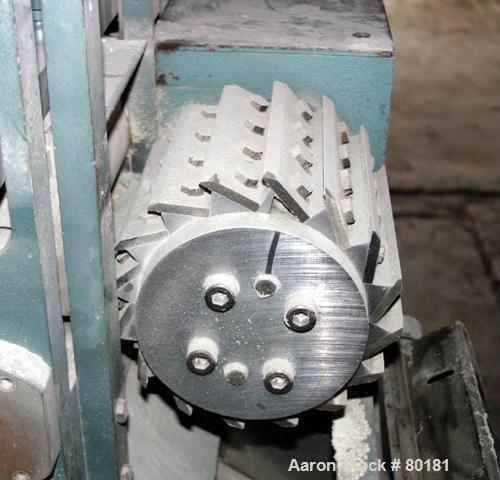 Used Cumberland Size 6 Pelletizer. 6-1/2" wide x 8" diameter 16 bolt on blade rotor, (1) rubber, pull rolls. Driven by a 7.5 hp, 500 volt, 1750/2300 rpm DC motor. Includes a control panel with a Euro...