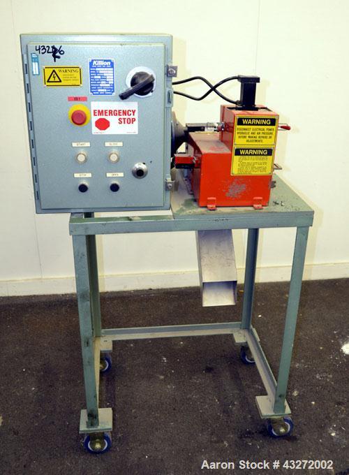 Used Killion 2" Pelletizer, Carbon Steel. 4" Diameter x 2" wide 18 fixed blade rotor. (1) Metal, (1) rubber pull roll. Driven by a 1hp, 180 volt, 1750 rpm DC gear motor, ratio 5 to 1. Includes a cont...