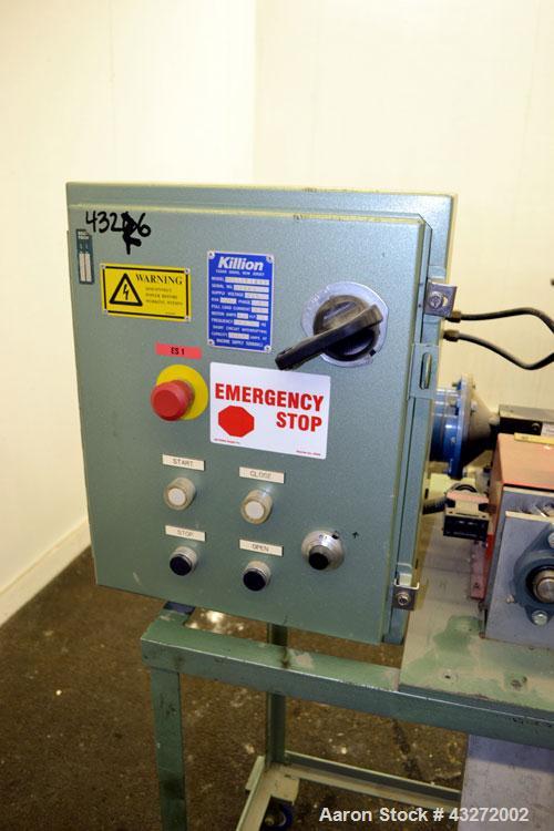 Used Killion 2" Pelletizer, Carbon Steel. 4" Diameter x 2" wide 18 fixed blade rotor. (1) Metal, (1) rubber pull roll. Driven by a 1hp, 180 volt, 1750 rpm DC gear motor, ratio 5 to 1. Includes a cont...