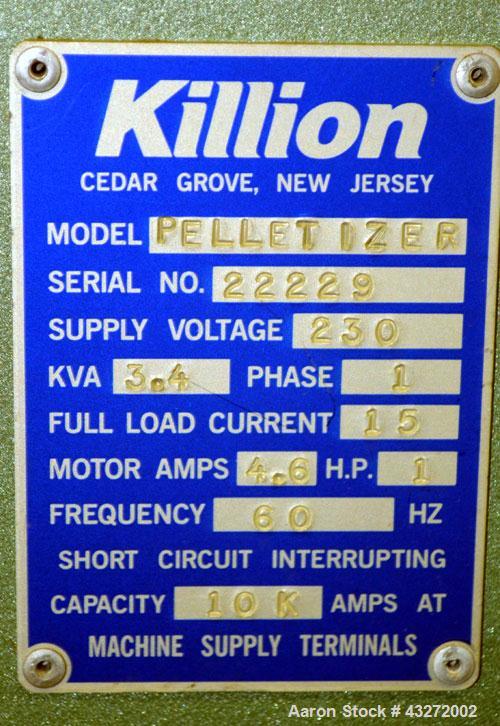 Used Killion 2" Pelletizer, Carbon Steel. 4" Diameter x 2" wide 18 fixed blade rotor. (1) Metal, (1) rubber pull roll. Driven by a 1hp, 180 volt, 1750 rpm DC gear motor, ratio 5 to 1. Includes a cont...