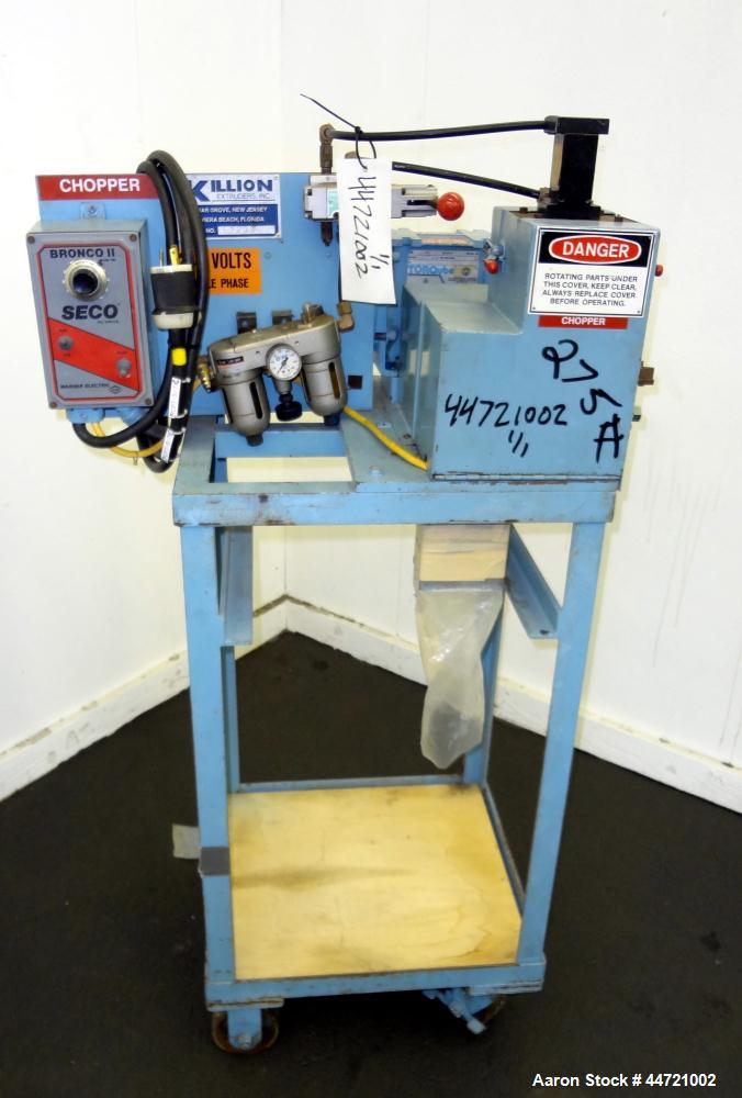 Used Killion Pelletizer, Model 2". Approximately 2" wide 20 blade helical rotor.  (1) Rubber, (1) metal pneumatically adjustable pull roll.  Driven by a 1 hp, 180 volt, 1725 rpm DC gear motor, ratio ...