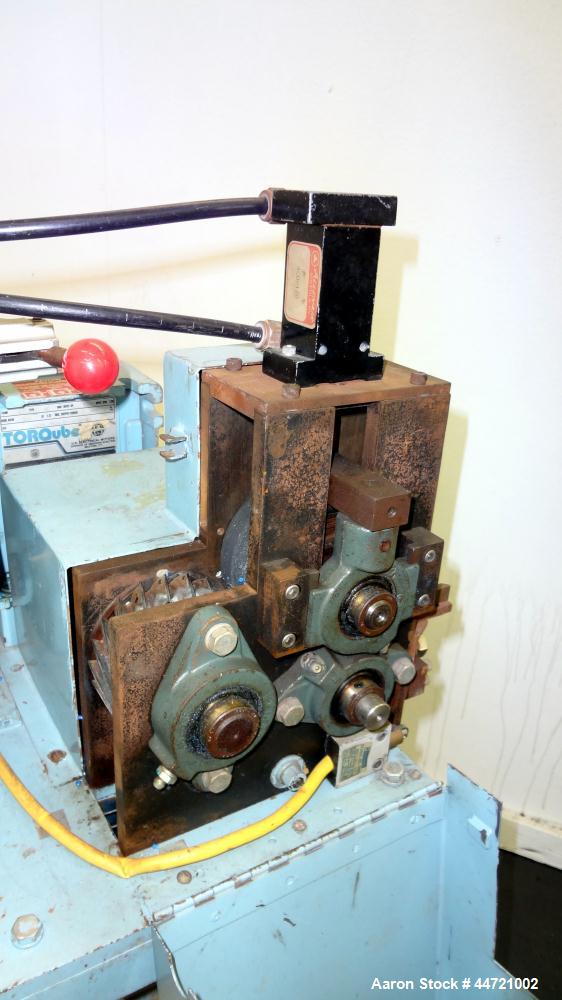 Used Killion Pelletizer, Model 2". Approximately 2" wide 20 blade helical rotor.  (1) Rubber, (1) metal pneumatically adjustable pull roll.  Driven by a 1 hp, 180 volt, 1725 rpm DC gear motor, ratio ...