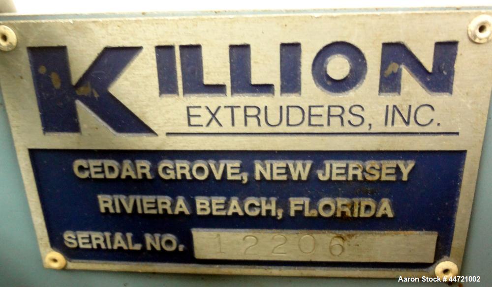 Used Killion Pelletizer, Model 2". Approximately 2" wide 20 blade helical rotor.  (1) Rubber, (1) metal pneumatically adjustable pull roll.  Driven by a 1 hp, 180 volt, 1725 rpm DC gear motor, ratio ...