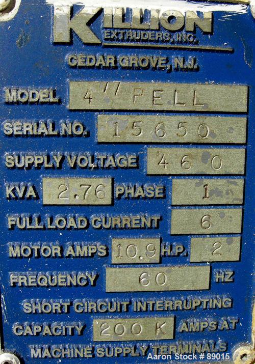USED: Killion strand pelletizer, model 4"Pell. Approximate 4" diameter x 4" wide 20 blade helical rotor. (1) Rubber, (1) metal pneumatically adjustable pull roll. Driven by a 2 hp, 180 volt, 1750 rpm...