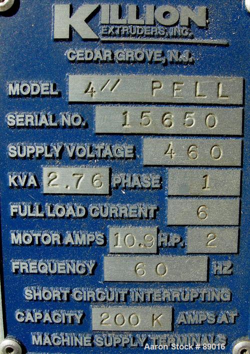 USED: Killion strand pelletizer, model 4"Pell. Approximate 4" diameter x 4" wide 20 blade helical rotor. (1) Rubber, (1) metal pneumatically adjustable pull roll. Driven by a 2 hp, 180 volt, 1750 rpm...