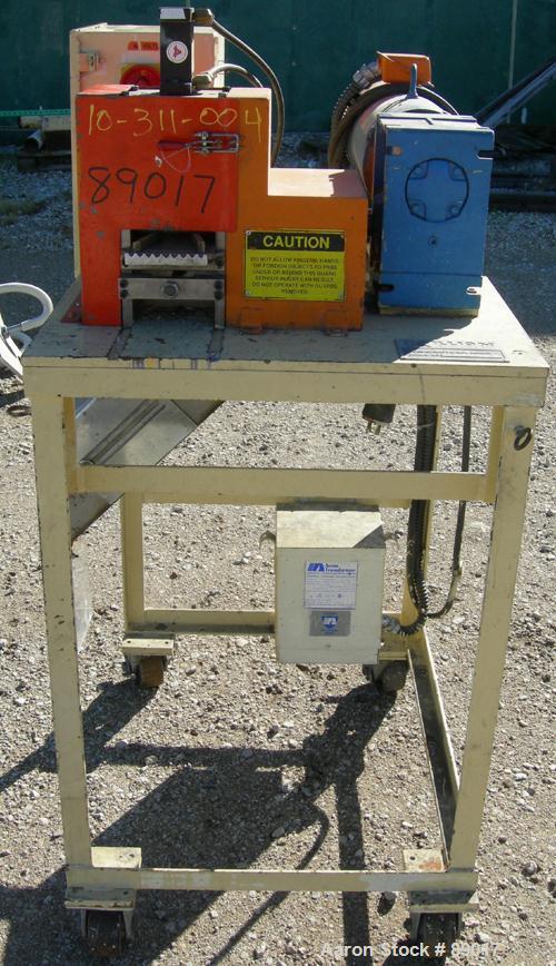 USED: Killion strand pelletizer, model 4"Pell. Approximate 4" diameter x 4" wide 20 blade helical rotor. (1) Rubber, (1) metal pneumatically adjustable pull roll. Driven by a 2 hp, 180 volt, 1750 rpm...