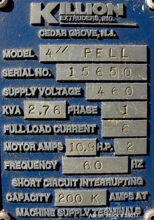 USED: Killion strand pelletizer, model 4"Pell. Approximate 4" diameter x 4" wide 20 blade helical rotor. (1) Rubber, (1) metal pneumatically adjustable pull roll. Driven by a 2 hp, 180 volt, 1750 rpm...