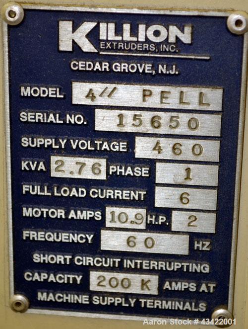 Used Killian Strand Pelletizer, Model 4" Pell. Approximate 4" diameter x 4" wide 20 blade helical rotor. (1) Rubber, (1) metal pneumatically adjustable pull roll. Driven by an approximate 2 hp DC mot...