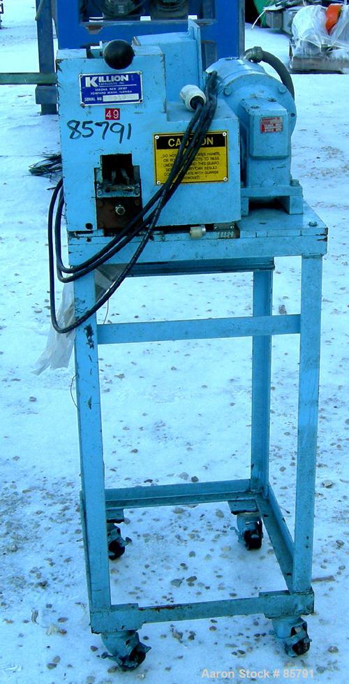 Used Killion 2" Strand Pelletizer. Approximate 18" helical knife rotor. 1 Rubber and 1 metal pull roll. 40" centerline height. Driven by a 1/2 HP, 180/200 Volt, 1725 RPM gearmotor, ratio 5. Includes ...