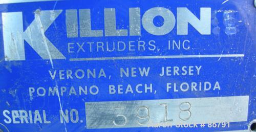 Used Killion 2" Strand Pelletizer. Approximate 18" helical knife rotor. 1 Rubber and 1 metal pull roll. 40" centerline height. Driven by a 1/2 HP, 180/200 Volt, 1725 RPM gearmotor, ratio 5. Includes ...