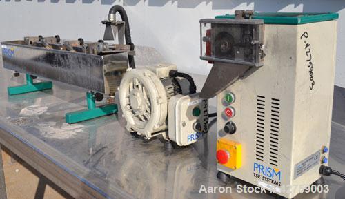 Used Prism Pelletizer. Approximately 3/4’’ wide x 2’’ diameter rotor. Includes a Prism stainless steel water bath, 4-3/4’’ wide x 39-1/2’’ long x 5-7/8’’ deep, and a Prism 3’’ wide air knife, driven ...
