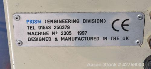 Used Prism Pelletizer. Approximately 3/4’’ wide x 2’’ diameter rotor. Includes a Prism stainless steel water bath, 4-3/4’’ wide x 39-1/2’’ long x 5-7/8’’ deep, and a Prism 3’’ wide air knife, driven ...