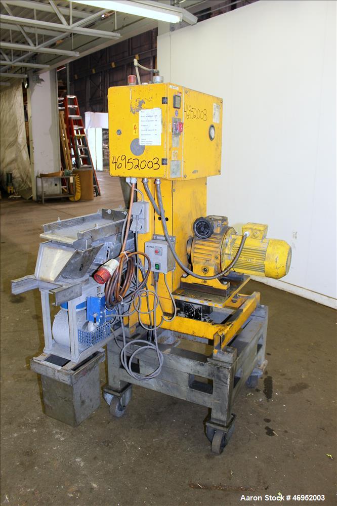 Used Scheer Pelletizer, Model SGS 100-E. 100mm (3.93") Wide x 200mm (7.87") diameter (32) fixed blade rotor. (1) Metal, (1) rubber pull rolls. Driven by a 2.2kw (2.94hp), 3/50/208/380 volt, 1415 rpm ...