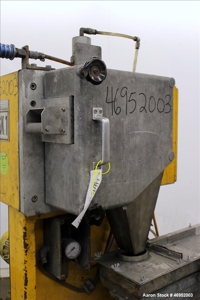 Used Scheer Pelletizer, Model SGS 100-E. 100mm (3.93") Wide x 200mm (7.87") diameter (32) fixed blade rotor. (1) Metal, (1) rubber pull rolls. Driven by a 2.2kw (2.94hp), 3/50/208/380 volt, 1415 rpm ...