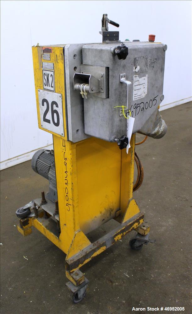 Used Scheer Pelletizer, Model SGS 100-E. 100mm (3.93") Wide x 200mm (7.87") diameter (32) fixed blade rotor. (1) Metal pull roll. Driven by a 2.2kw (2.94hp), 3/50/208/380 volt, 1415 rpm variable spee...