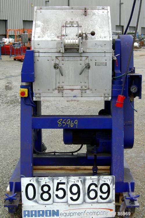 Used C. F. Scheer Pelletizer, Model SGS100. Approximate 8" diameter x 4" wide (28) blade helical rotor. (1) Rubber, (1) metal pull roll. Driven by a 4 KW (5.5 HP), 3/50/380 Volt, 1445 RPM varispeed m...