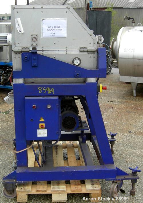 Used C. F. Scheer Pelletizer, Model SGS100. Approximate 8" diameter x 4" wide (28) blade helical rotor. (1) Rubber, (1) metal pull roll. Driven by a 4 KW (5.5 HP), 3/50/380 Volt, 1445 RPM varispeed m...