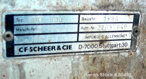 Used S. F. Scheer Strand Pelletizer, Model SGS600. 24" wide x approximately 8" diameter fixed knife rotor. (1) Rubber, (1) metal pull roll. Strand rating 150 at 1/8", speed 65-260 feet per minute. So...