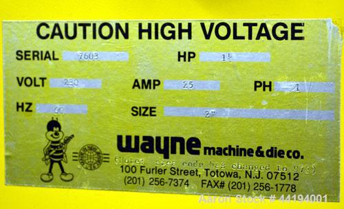 Used Wayne Machine & Die Pelletizer, Size 2", Carbon Steel. 2" Wide 8 fixed blade rotor, (1) rubber, (1) metal pull rolls. Driven by a 1-1/2hp, 180 volt, 1750 rpm DC motor. Includes a control panel w...