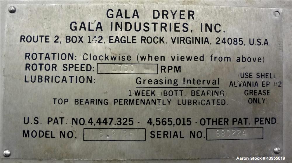 Used Gala Underwater Pelletizer, Model 6D MUP, Includes (24) hole die, Serial# 880224. Driven by a 5hp DC motor, mounted on a cart. (1) Gala spin dryer, model 8.2 BF, serial# 880224, driven by a 5hp ...
