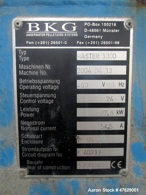 Used BKG Underwater Pelletizer System. Consisting of: Model UWG Compact 120 cutter head with water box, 6 kw, 460 volt, nominally rated up to 4000 pounds per hour, serial# 2003 11 25, built 2003. Mod...