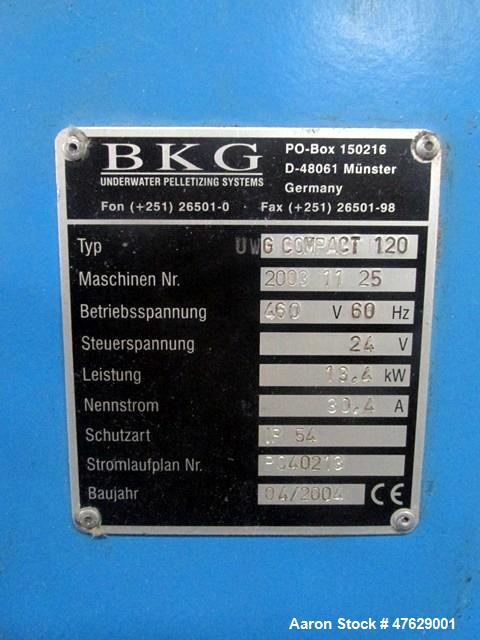 Used BKG Underwater Pelletizer System. Consisting of: Model UWG Compact 120 cutter head with water box, 6 kw, 460 volt, nominally rated up to 4000 pounds per hour, serial# 2003 11 25, built 2003. Mod...