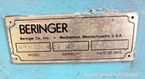 Used Beringer Model WRP12V Underwater Pelletizer System Consisting Of: (1) Pelletizing head with 4 blades, driven by a 2hp, 3/60/208-230/460 volt, 1725 rpm motor, (1) Stainless steel spin dryer, driv...