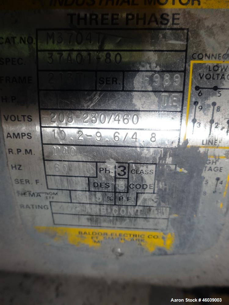 Used Beringer Underwater Pelletizer system consisting of: (1) Pelletizing head, no blades, driven by a 7.5hp, 3/60/208-230/460 volt, 1725 rpm motor, mounted on a stand. (1) Carter Day 304 stainless s...