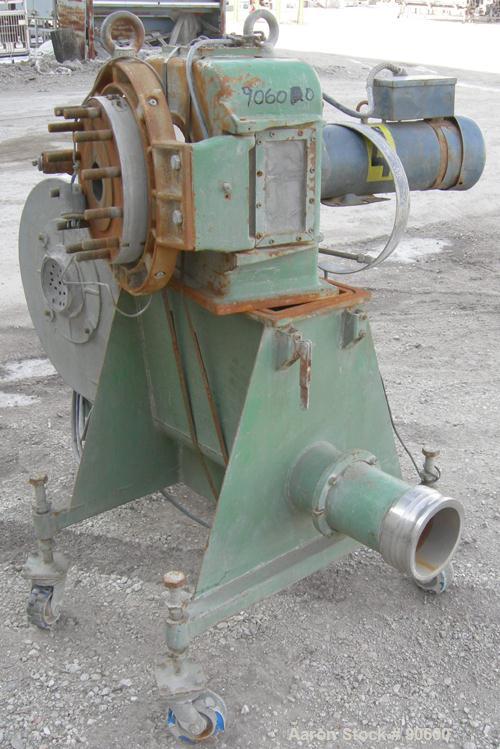 USED: Cincinnati hot face pelletizer. Last used with a twin screw extruder. Approximate 2 hp pelletizer motor, no rotor or blades. Includes a bottom discharge hopper with a Cincinnati model PB18 alum...